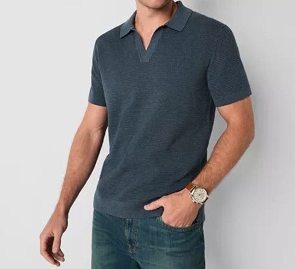Mutual Weave XXL Polo Shirt Men Calm Gray Blue Comfort Stretch Woven Knit Ribbed